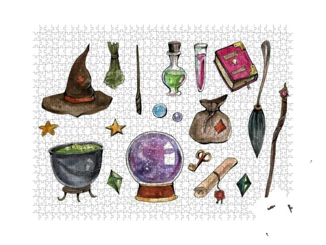 Drawing Watercolor Set Magic Witch Halloween Broom... Jigsaw Puzzle with 1000 pieces