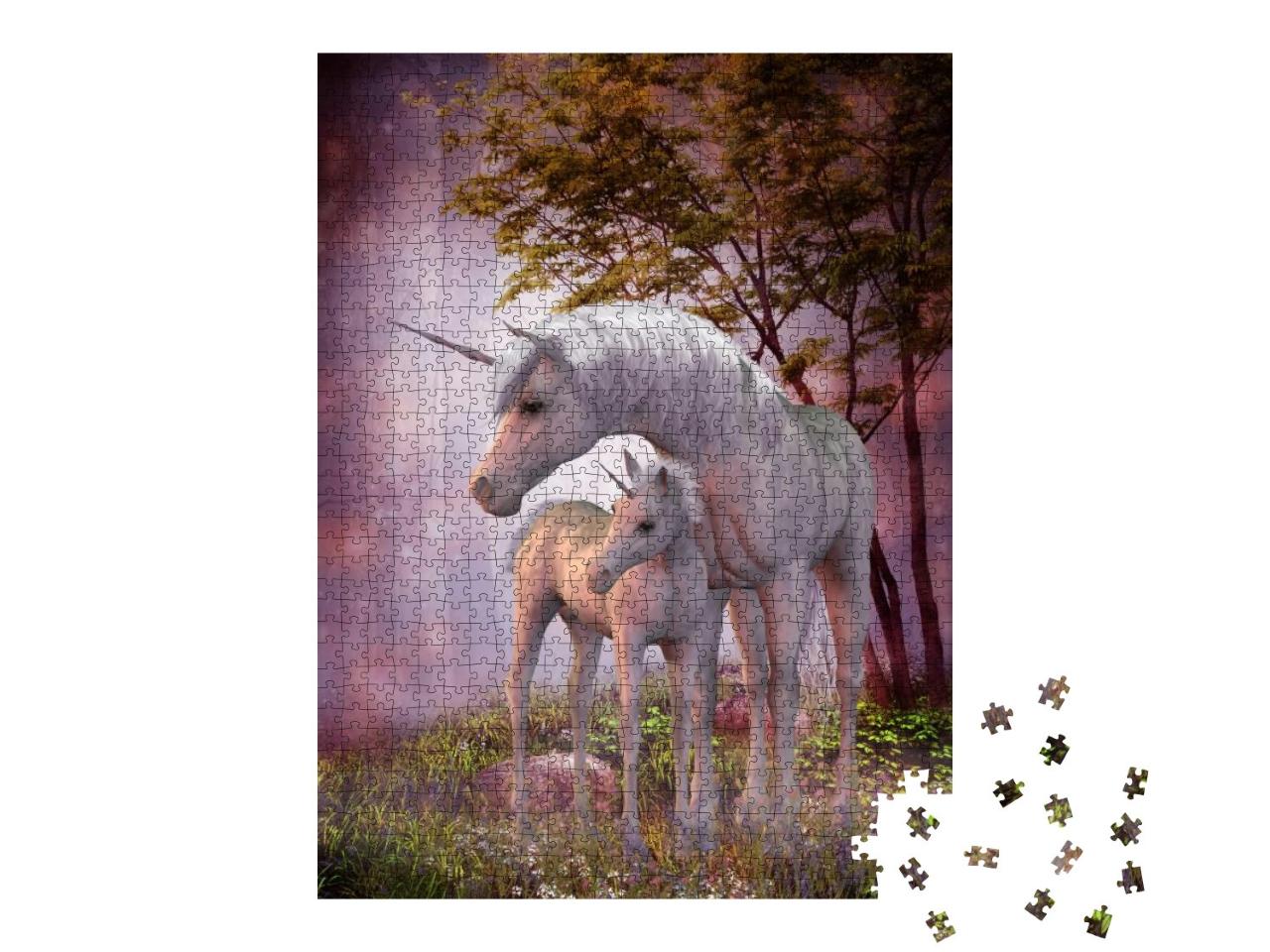 Unicorns Mare & Foal - a White Unicorn Doe & Fawn Spend T... Jigsaw Puzzle with 1000 pieces