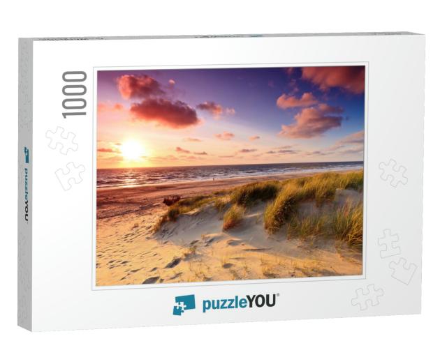 Seaside with Sand Dunes & Colorful Sky At Sunset... Jigsaw Puzzle with 1000 pieces