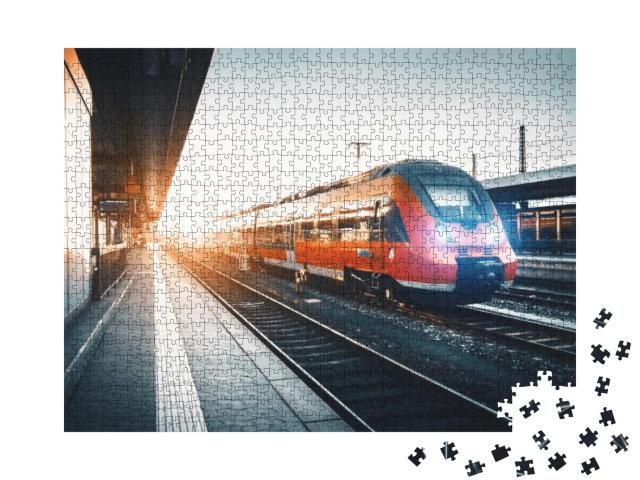 Modern High Speed Red Commuter Train At the Railway Stati... Jigsaw Puzzle with 1000 pieces