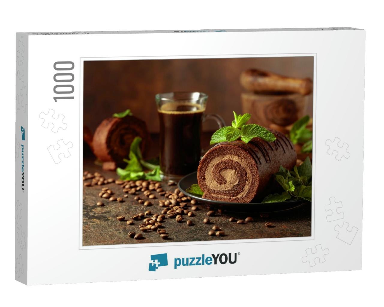 Homemade Chocolate Cake with Mint & a Mug of Black Coffee... Jigsaw Puzzle with 1000 pieces