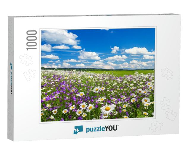 Spring Landscape with Flowering Flowers on Meadow. White... Jigsaw Puzzle with 1000 pieces