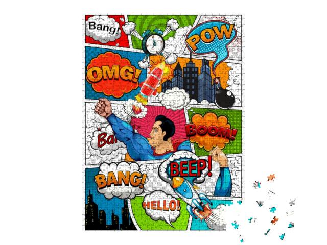 Comic Book Page Divided by Lines with Speech Bubbles, Roc... Jigsaw Puzzle with 1000 pieces