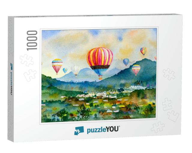 Watercolor Landscape Painting Colorful of Hot Air Balloon... Jigsaw Puzzle with 1000 pieces