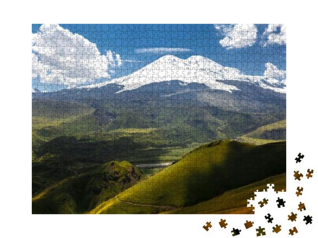 Elbrus & Green Hills At Sunny Summer Day. Elbrus Region... Jigsaw Puzzle with 1000 pieces