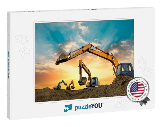 Four Excavators Work on Construction Site At Sunset... Jigsaw Puzzle