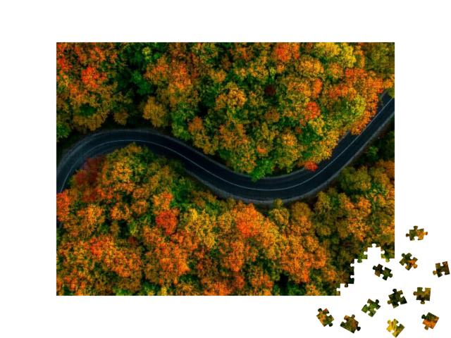 Aerial View of Thick Forest in Autumn with Road Cutting T... Jigsaw Puzzle with 500 pieces