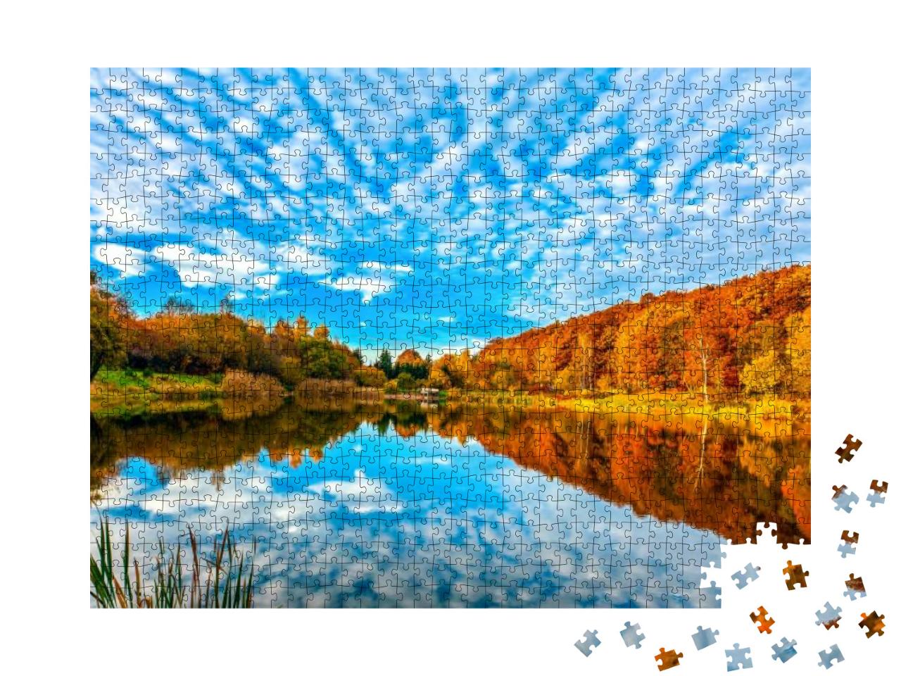 Lake Reflecting Sky in Autumn Landscape... Jigsaw Puzzle with 1000 pieces