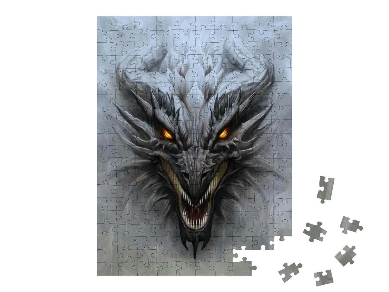 Dragon Head on the Gray Stone Background. Digital Paintin... Jigsaw Puzzle with 200 pieces
