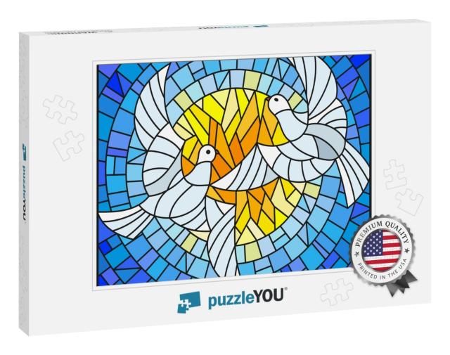 Illustration in Stained Glass Style with a Pair of White... Jigsaw Puzzle