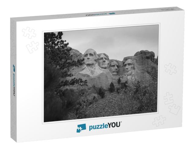 A Greyscale Shot of Mount Rushmore in the Usa... Jigsaw Puzzle