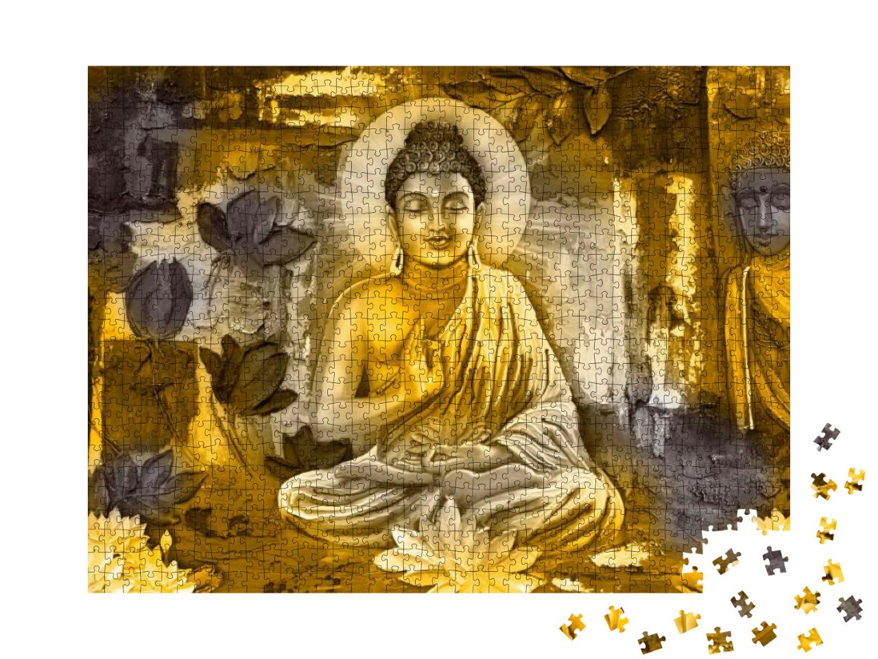 3D Illustration, Buddha Painting with Flowers Wallpaper... Jigsaw Puzzle with 1000 pieces