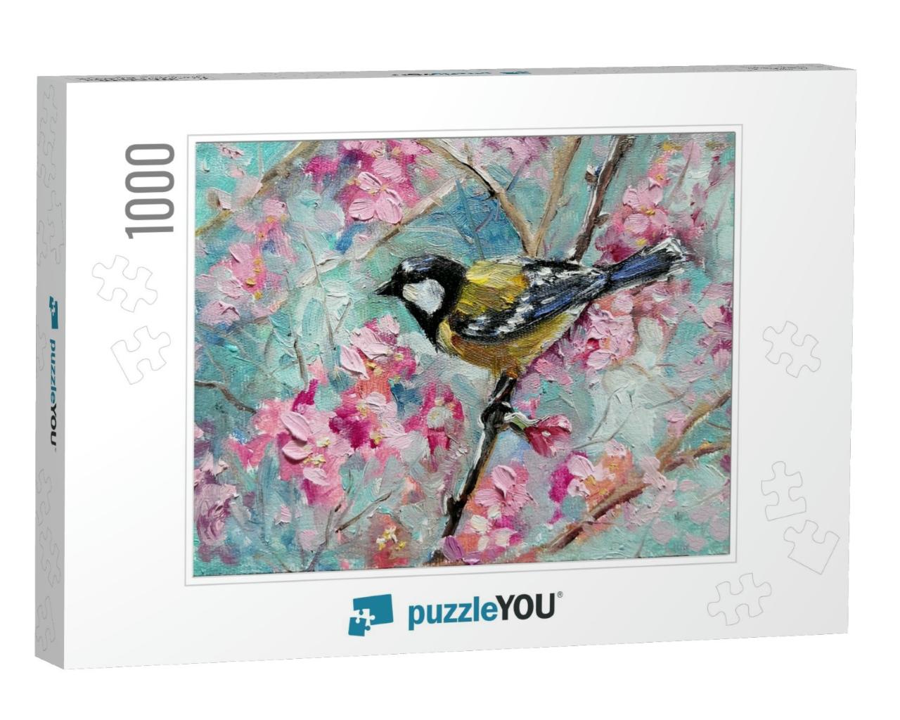 Titmouse in the Spring Blooming Cherry Orchard. Spring Fl... Jigsaw Puzzle with 1000 pieces