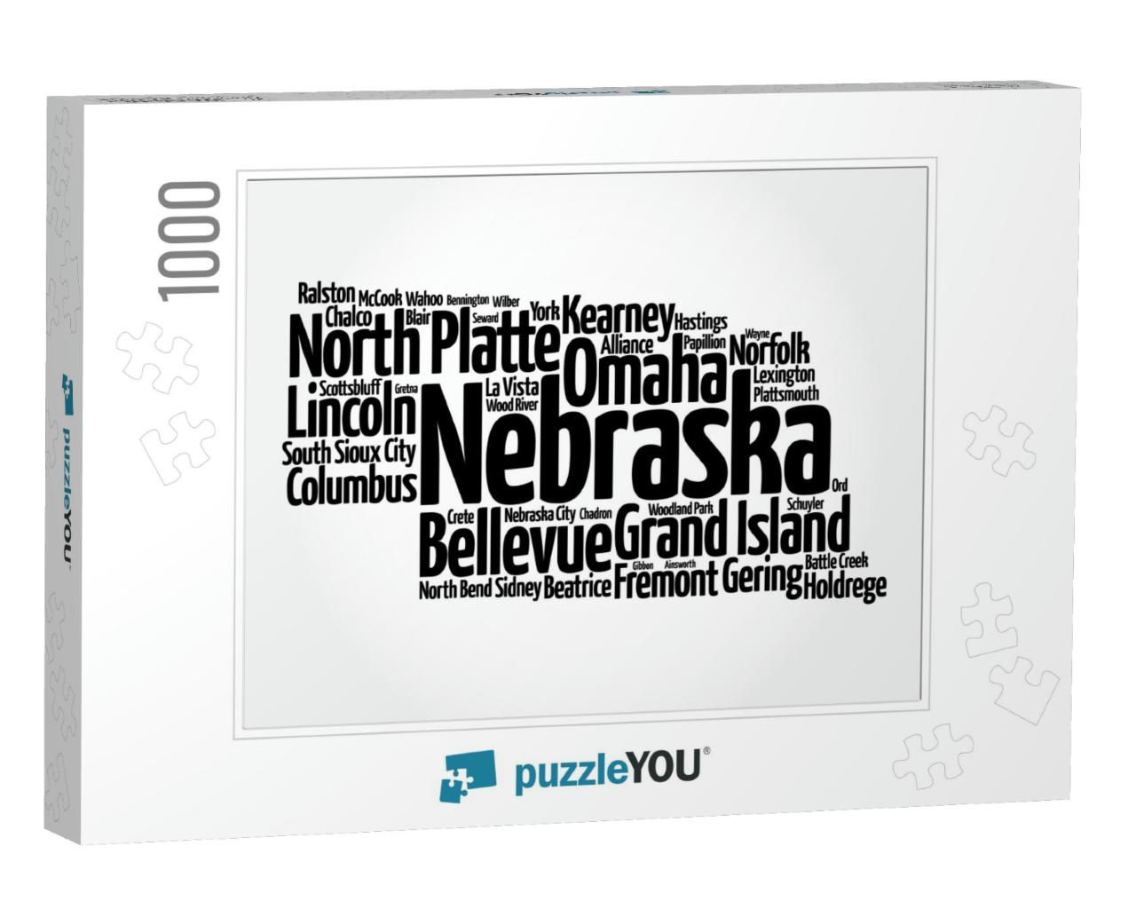 List of Cities in Nebraska USA State, Map Silhouette Word... Jigsaw Puzzle with 1000 pieces