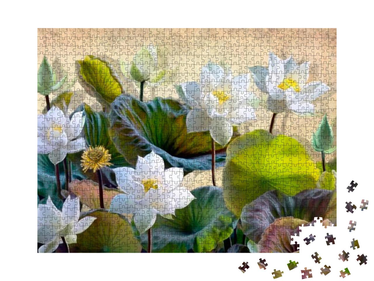Digital Illustration of a Blooming White Lotus Flowers wi... Jigsaw Puzzle with 1000 pieces