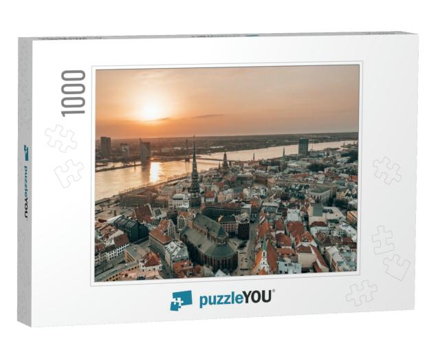 Riga Rooftop View Panorama At Sunset with Urban Architect... Jigsaw Puzzle with 1000 pieces