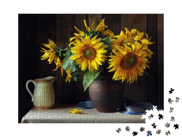 Bouquet of Sunflowers in a Clay Jug on the Table on the W... Jigsaw Puzzle with 1000 pieces