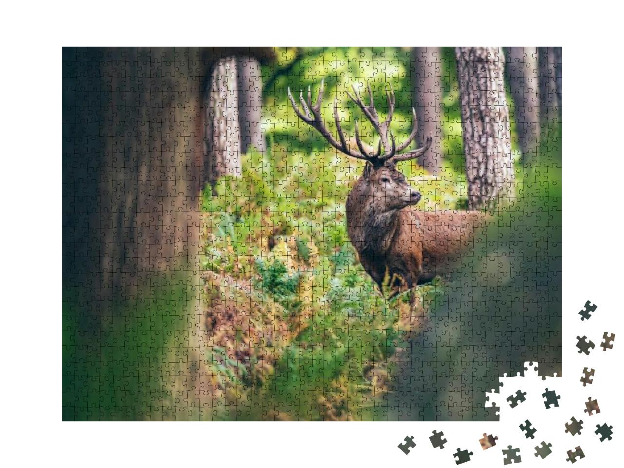 Red Deer Stag Between Ferns in Autumn Forest... Jigsaw Puzzle with 1000 pieces