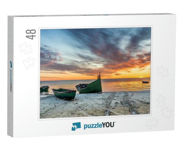 Anchored Fishing Boat on Sandy Beach of the Baltic Sea... Jigsaw Puzzle with 48 pieces