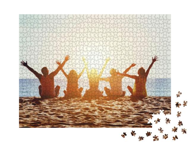 Group of Five Happy People Sits on Background of Empty Su... Jigsaw Puzzle with 1000 pieces