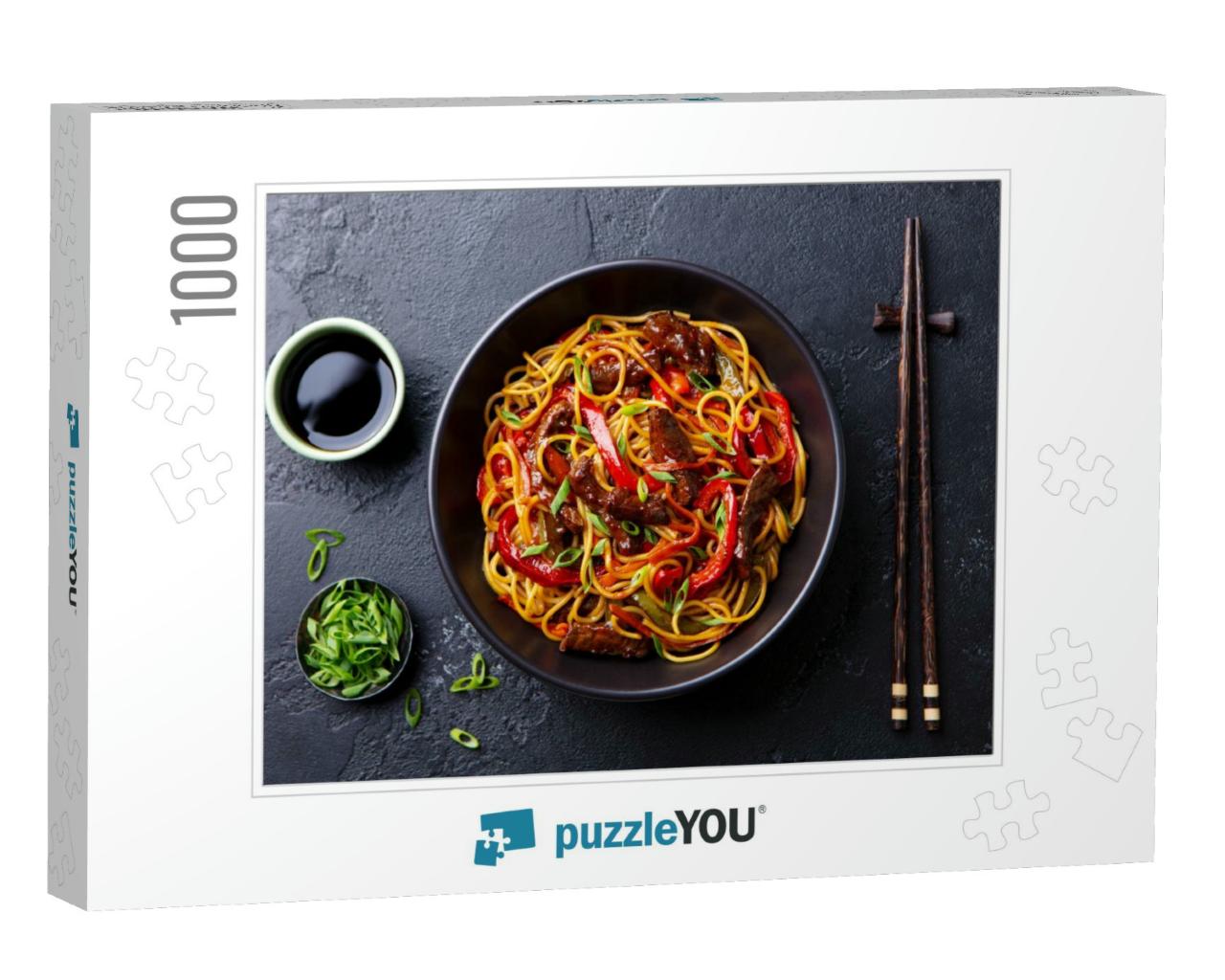 Stir Fry Noodles with Vegetables & Beef in Black Bowl. Sl... Jigsaw Puzzle with 1000 pieces