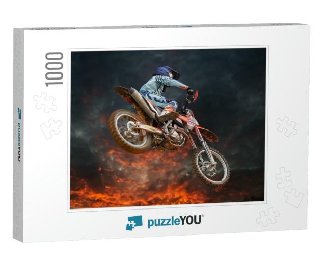 Jumping Motocross Rider with Firestorm in the Background... Jigsaw Puzzle with 1000 pieces