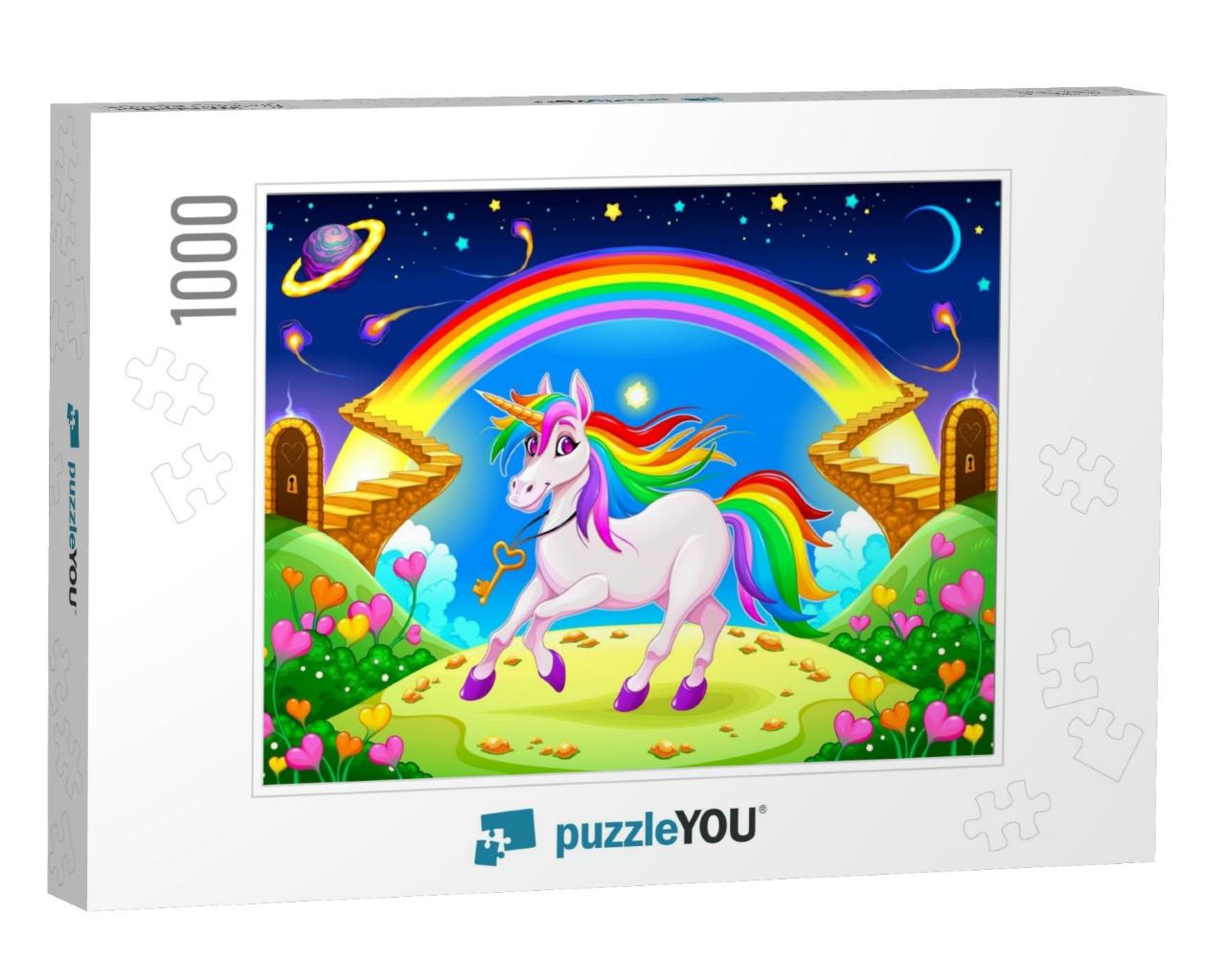 Rainbow Unicorn in a Fantasy Landscape with Golden Stairs... Jigsaw Puzzle with 1000 pieces
