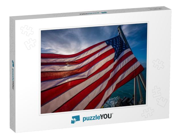 American Flag Backlit with Early Morning Sun on Boat in F... Jigsaw Puzzle