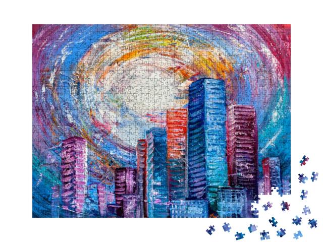 Colorful Abstract Oil Painting. Sun Over the City, Landsc... Jigsaw Puzzle with 1000 pieces