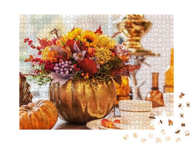 Beautiful Autumn Composition in a Pumpkin Vase on a Table... Jigsaw Puzzle with 1000 pieces