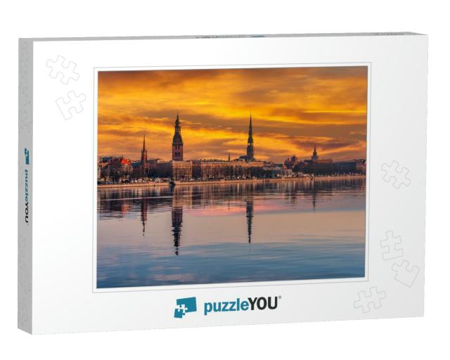 Cityscape of Riga Latvia with Reflections on a Quiet Stil... Jigsaw Puzzle