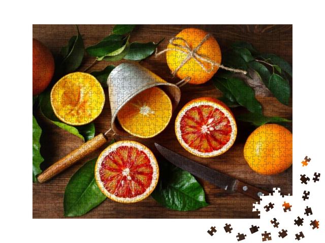 Still Life with Orange Fruit & Green Leaves on Wooden Tab... Jigsaw Puzzle with 1000 pieces