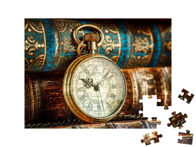 Vintage Antique Pocket Watch on the Background of Old Boo... Jigsaw Puzzle with 100 pieces