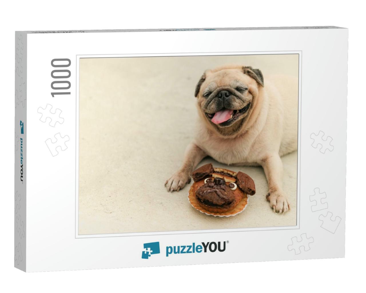 Funny Pug Dog Waiting to Eat Pug Homemade Cake... Jigsaw Puzzle with 1000 pieces
