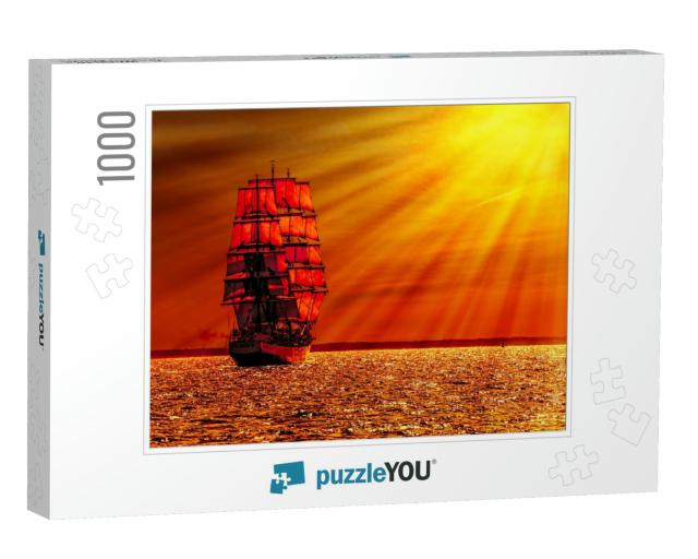 Sailing Ship on the Sea At Sunset Skyline... Jigsaw Puzzle with 1000 pieces