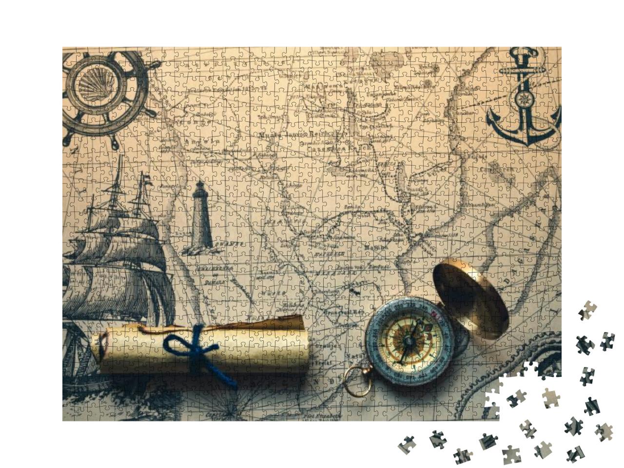 Vintage Retro Compass on a Treasure Map Concept... Jigsaw Puzzle with 1000 pieces