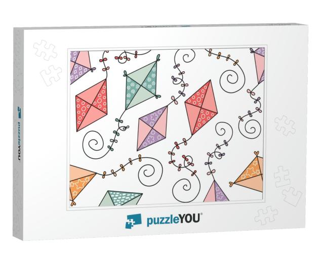 Seamless Vector Pattern with Cute Hand Drawn Flying Kites... Jigsaw Puzzle