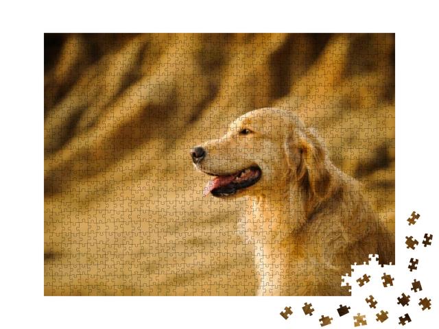 Golden Retriever Dog Against Natural Stone Bluffs... Jigsaw Puzzle with 1000 pieces