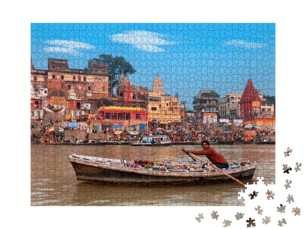 A View of Holy Ghats of Varanasi with a Boatman Sailing... Jigsaw Puzzle with 1000 pieces