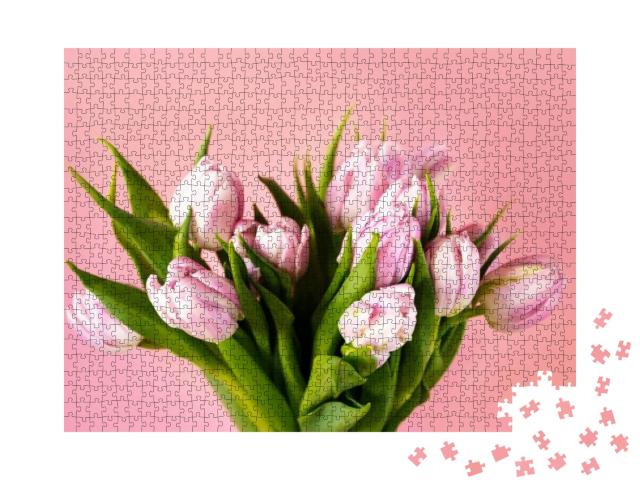 Close Up of a Bunch of Pink & White Tulips in a Vase Agai... Jigsaw Puzzle with 1000 pieces