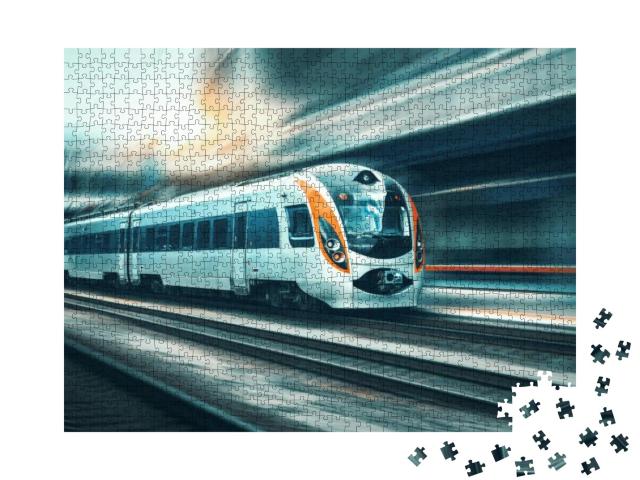 High Speed Train in Motion At the Railway Station At Suns... Jigsaw Puzzle with 1000 pieces