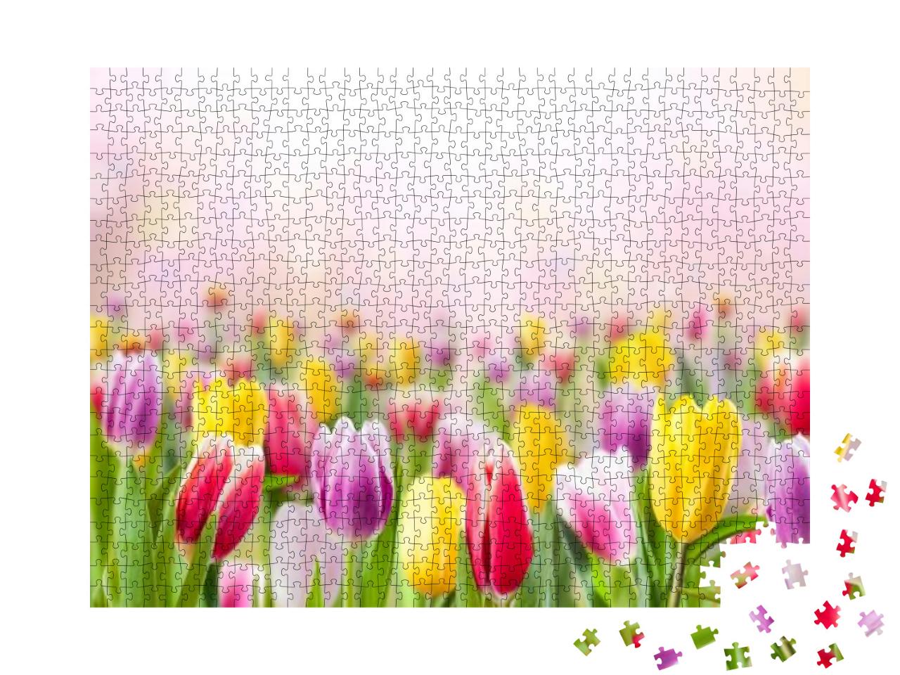 Tulip Flowers Meadow, Selective Focus. Spring Nature Back... Jigsaw Puzzle with 1000 pieces