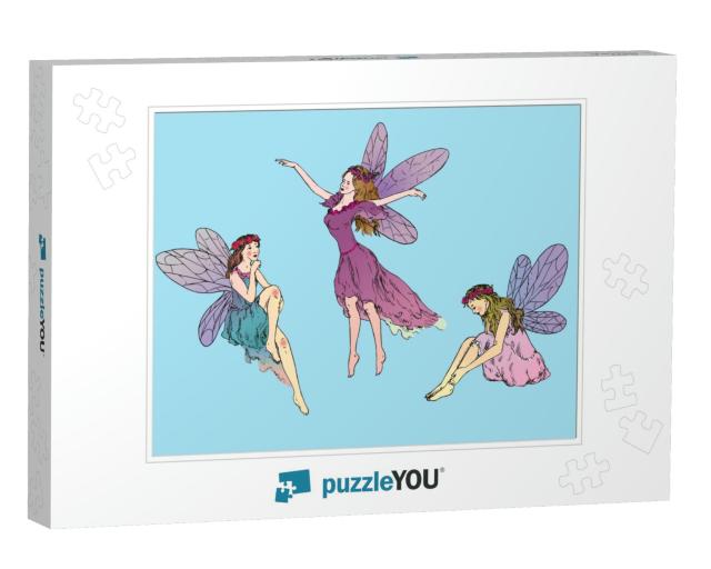 Beautiful Three Young Fairies Dancing, Flying in W... Jigsaw Puzzle