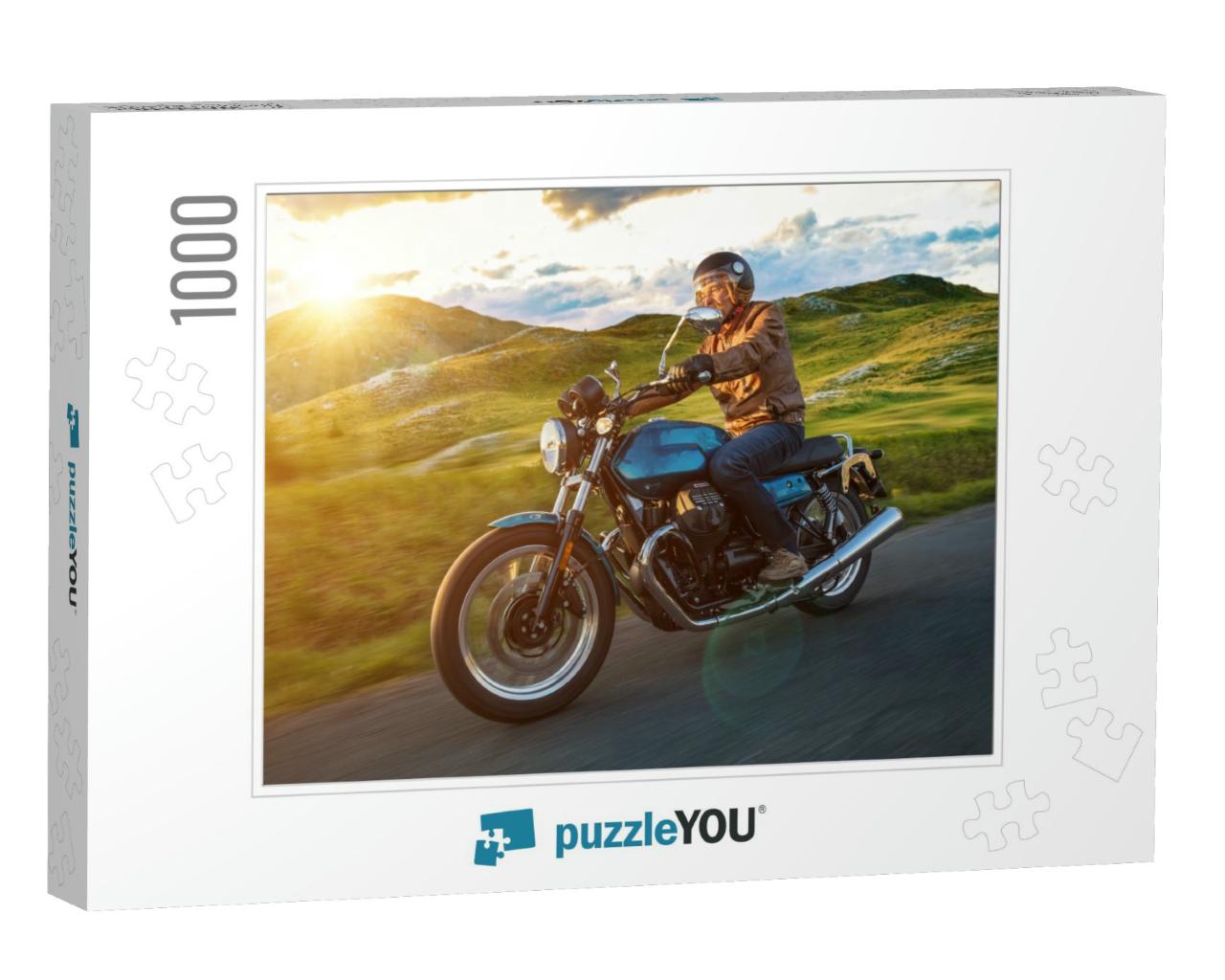 Moto Racer Riding on Forest Road During Sunset, Blurred M... Jigsaw Puzzle with 1000 pieces