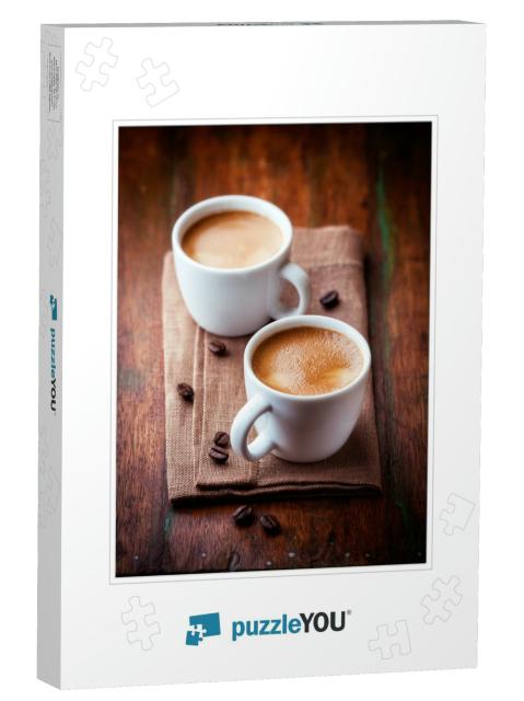 Two Cups of Espresso on Rustic Wooden Table. Symbolic Ima... Jigsaw Puzzle