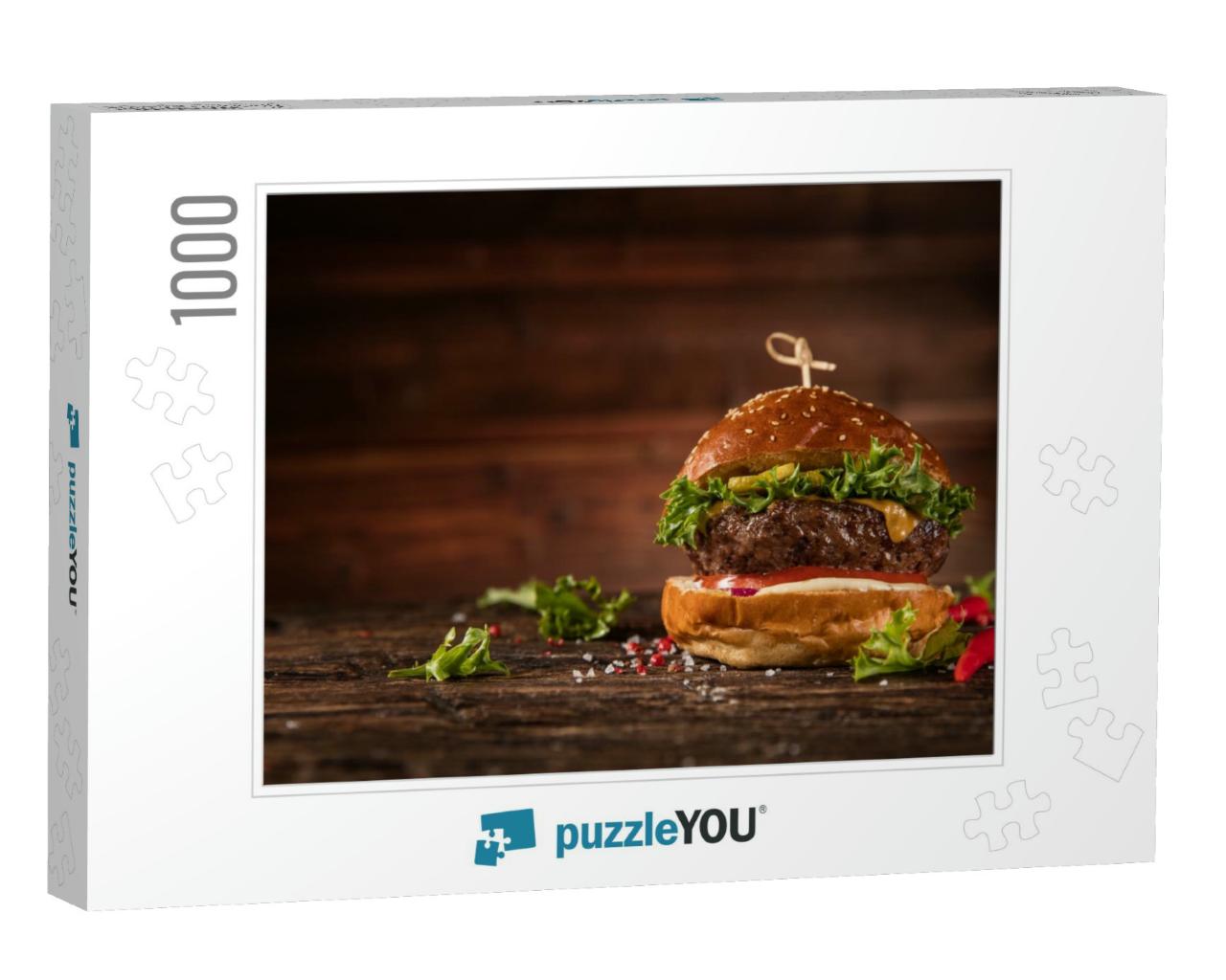 Delicious Hamburger, Served on Wood. Free Space for Text... Jigsaw Puzzle with 1000 pieces