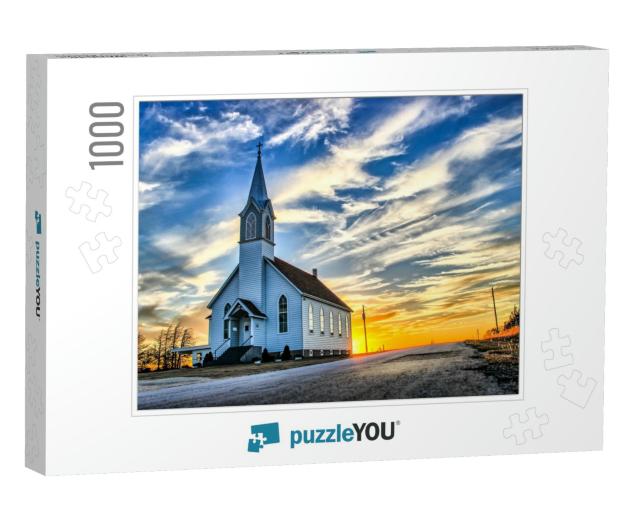 A Lone Wooden Church At Dusk with Sunset Clouds in Kansas... Jigsaw Puzzle with 1000 pieces