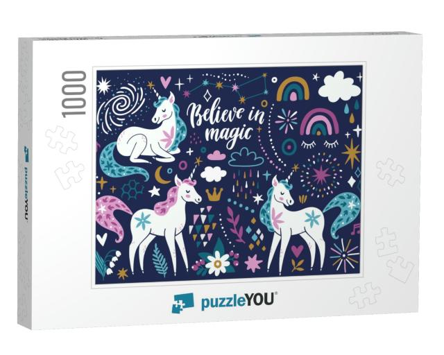 Vector Set of Magical Icons Unicorns, Rainbow, Clouds, Fl... Jigsaw Puzzle with 1000 pieces