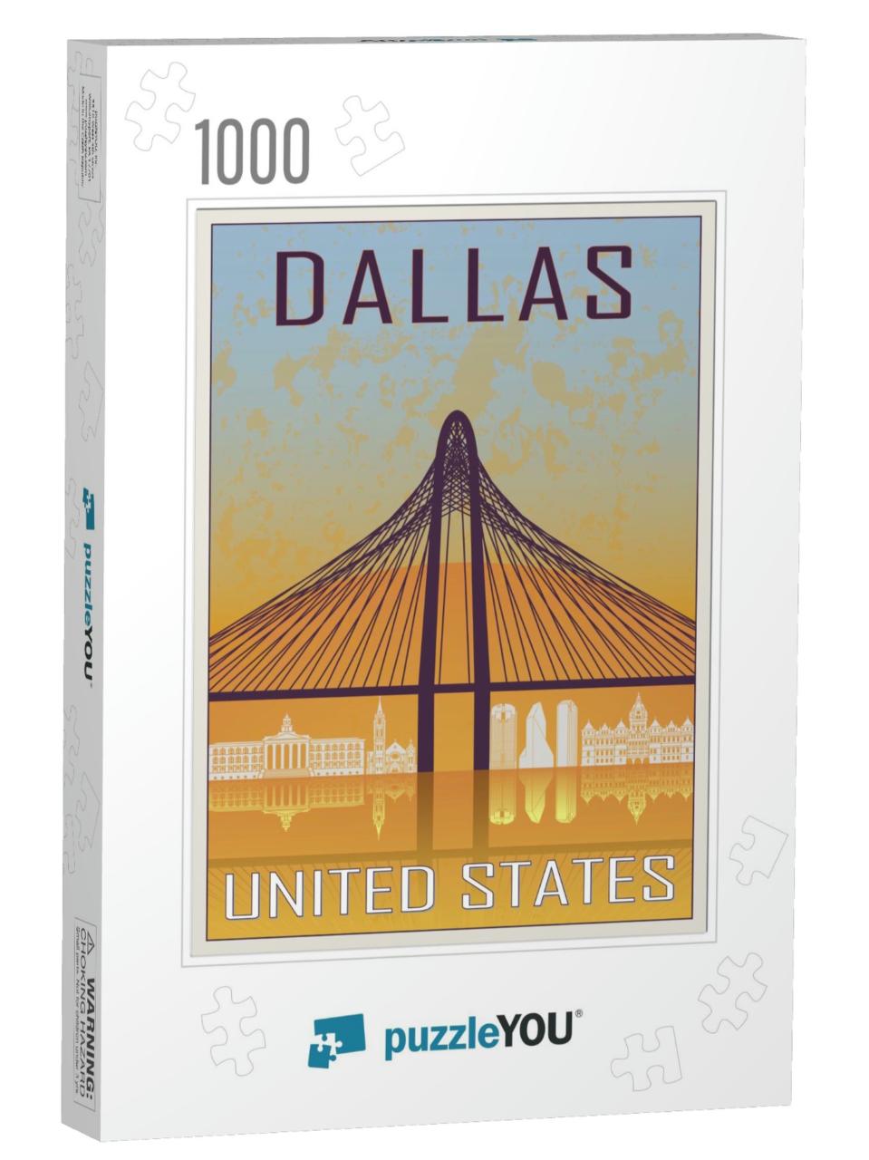 Dallas Vintage Poster in Orange & Blue Textured Backgroun... Jigsaw Puzzle with 1000 pieces