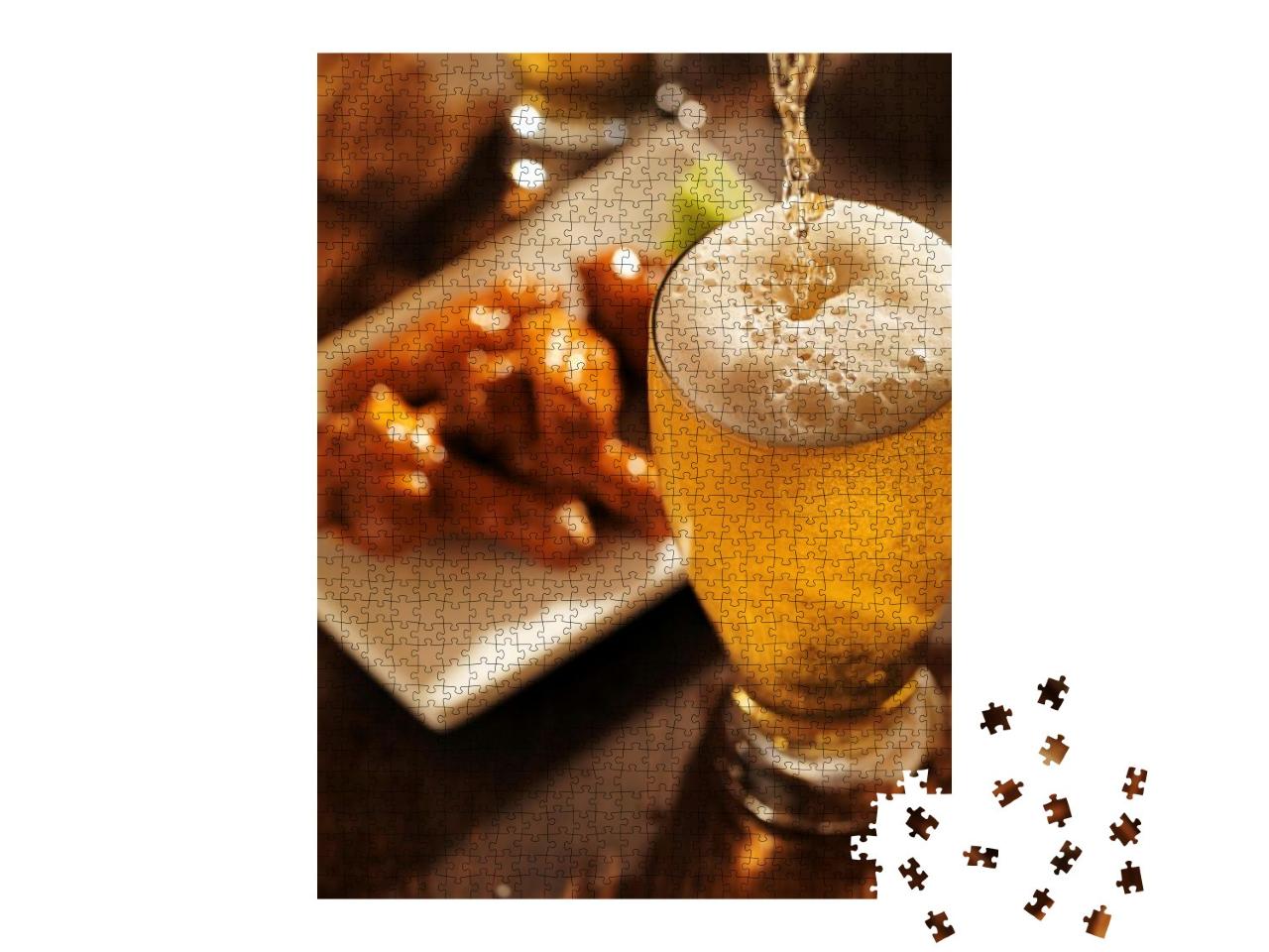 Pouring Beer with Chicken Wings in Background... Jigsaw Puzzle with 1000 pieces